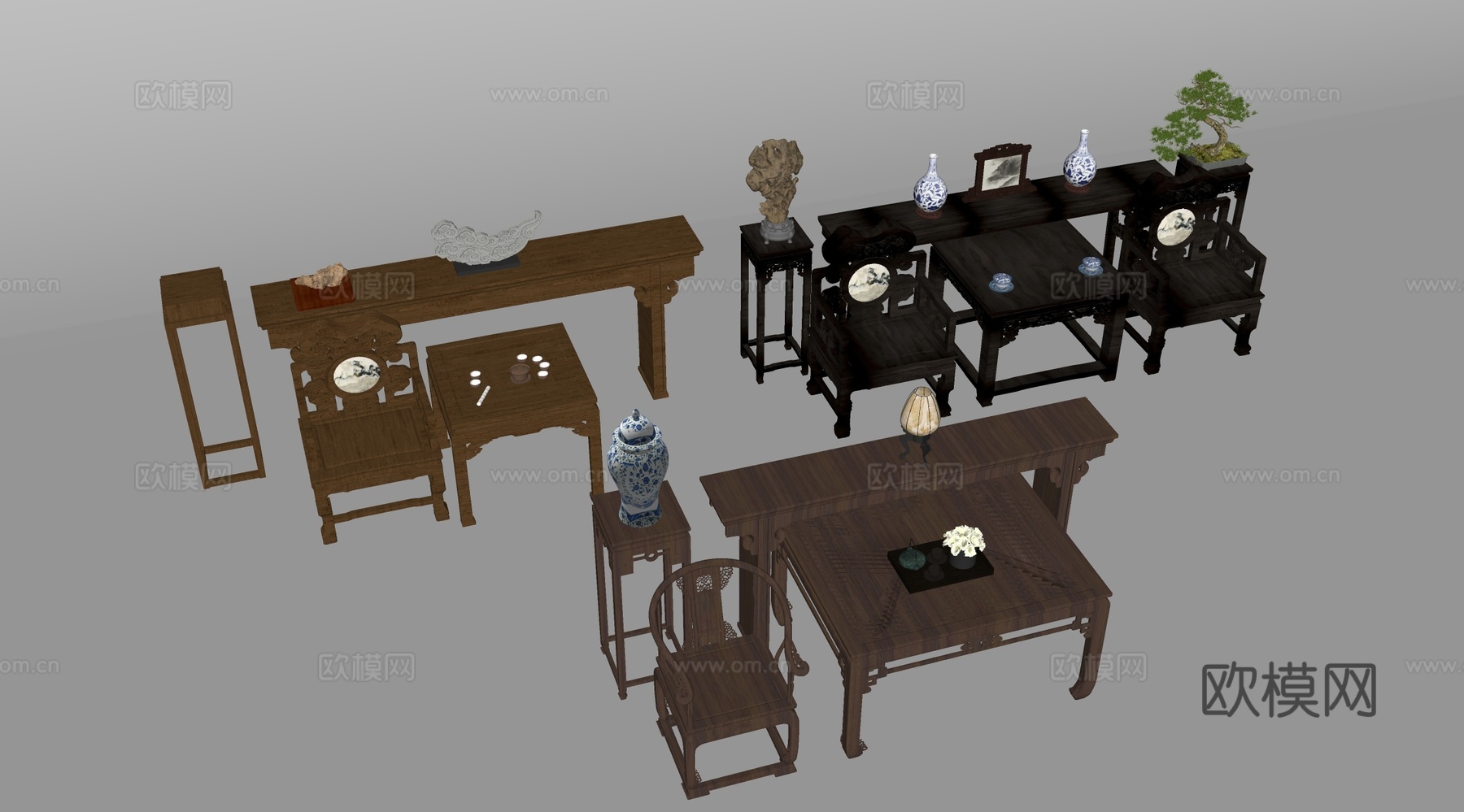 中式茶桌椅 中式中堂桌椅 椅子凳子su模型
