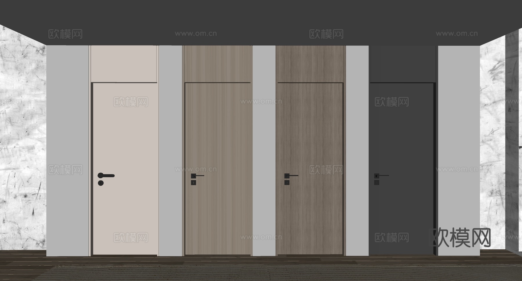 现代简约室内门 米白平板 原木 深灰色 多拉手 隐形门 隔断su模型