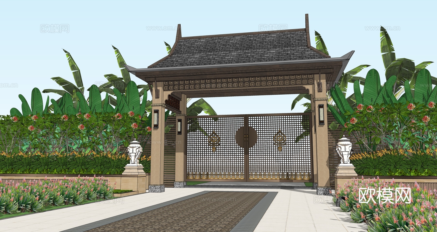 东南亚风格景观大门庭院入户门口别墅花园门精致入户院门庭院门su模型