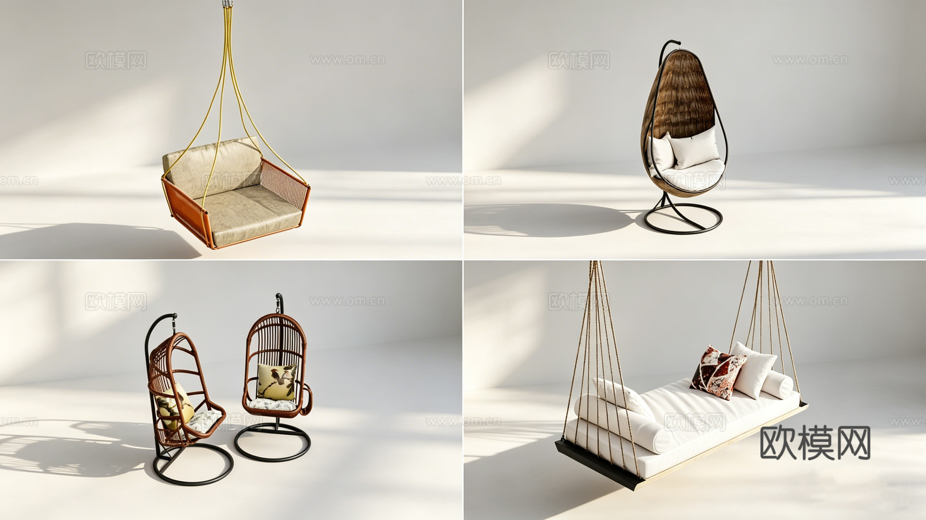 网红悬挂休闲椅 蛋形吊篮 藤编椅 秋千床 方框椅 吊椅模型su模型