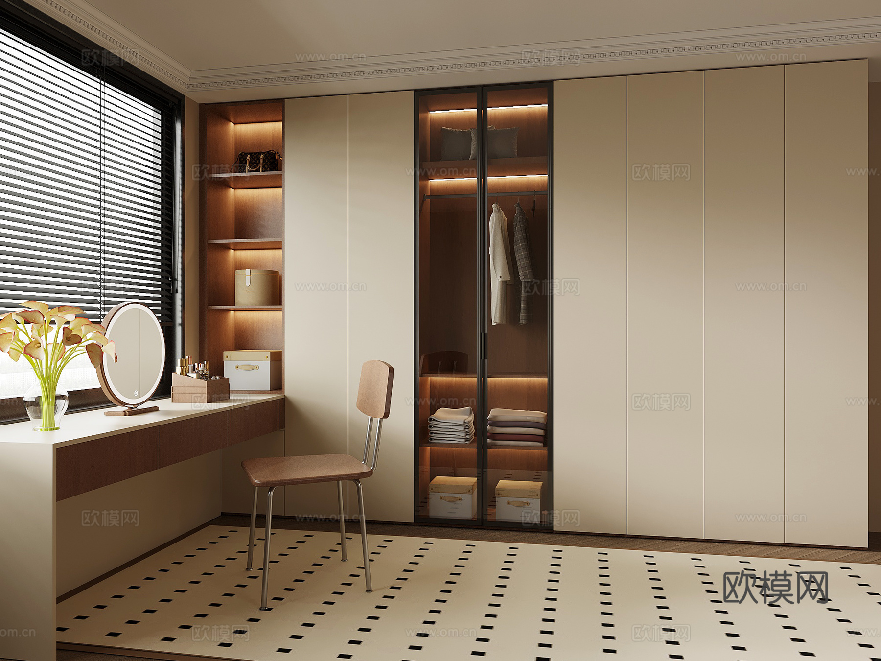 现代中古风衣柜 梳妆台 一体柜su模型