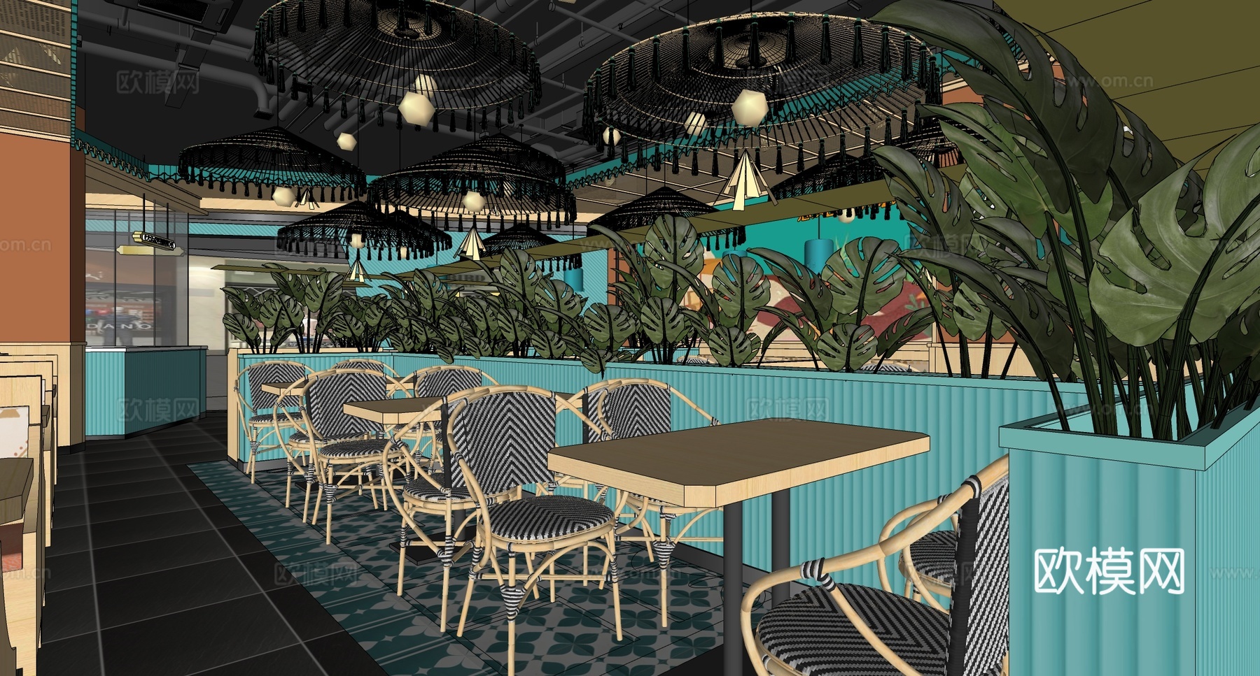 东南亚风格餐厅 餐桌椅 吊灯su模型
