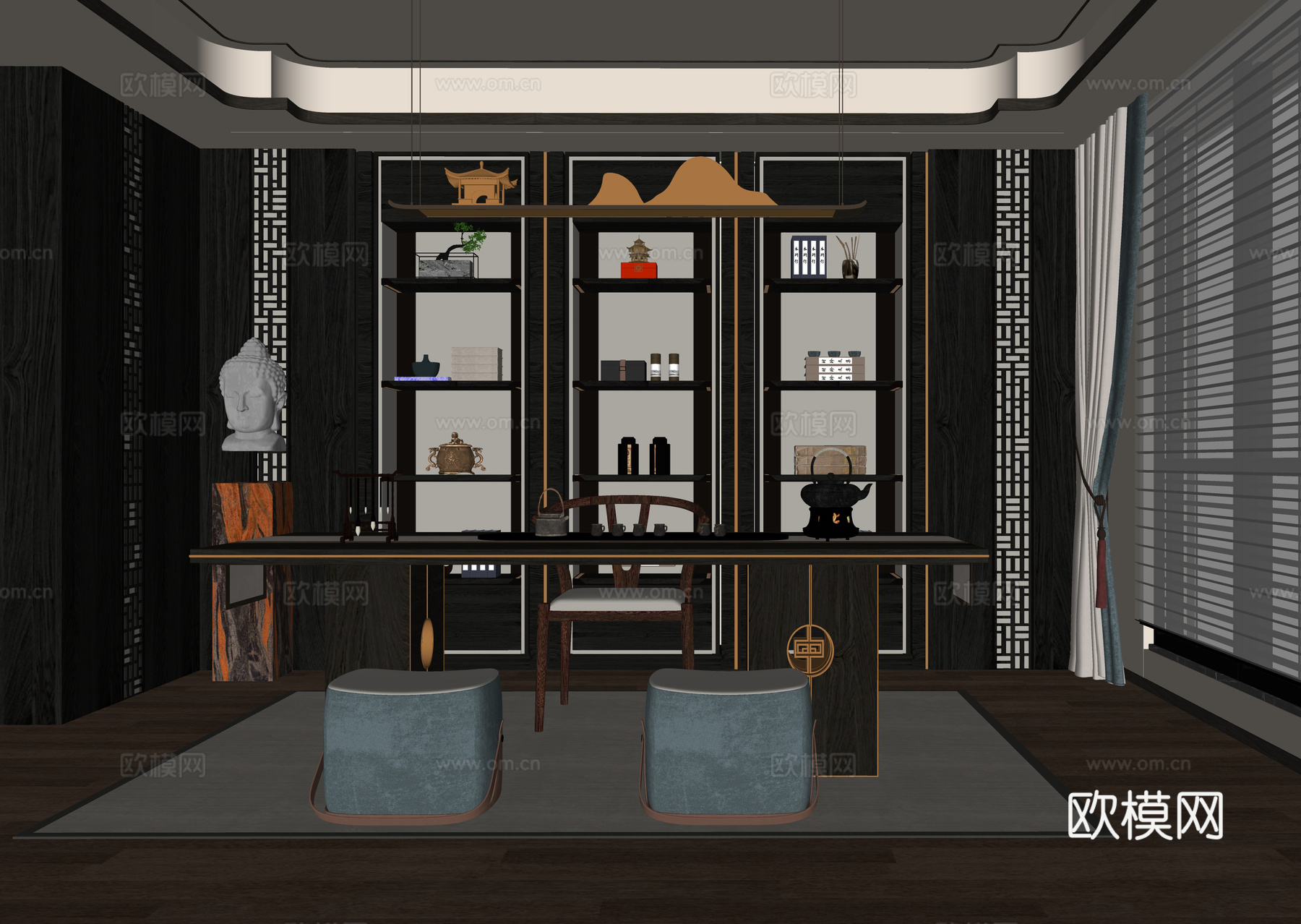 新中式茶室 书房 书桌椅 茶桌椅su模型