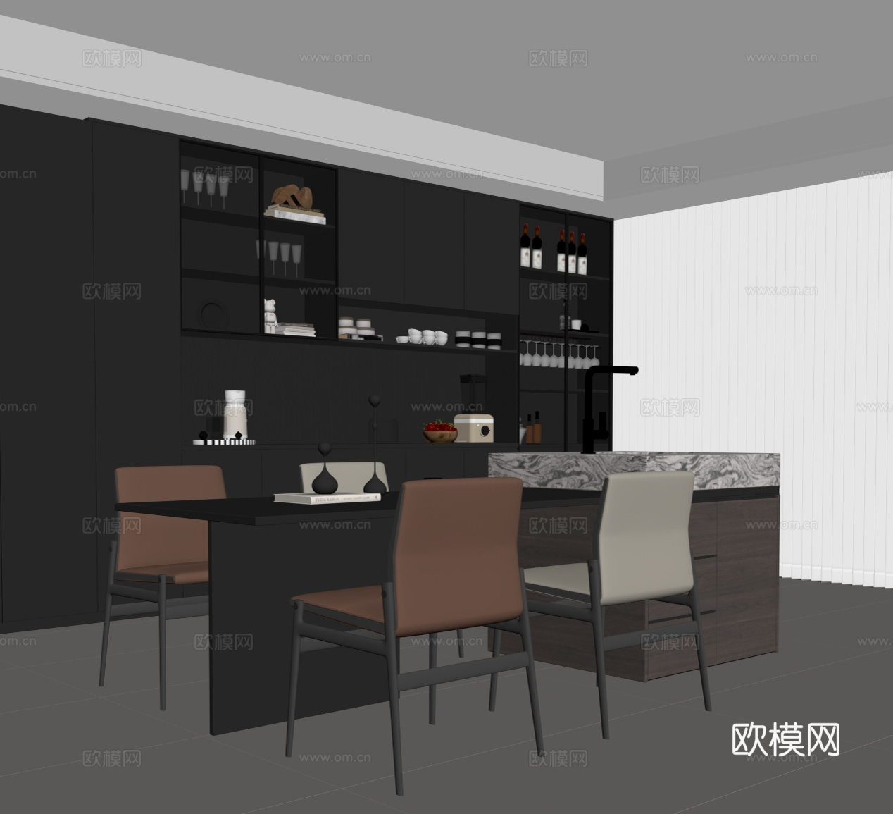 现代意式餐厅 餐桌椅 餐边柜su模型
