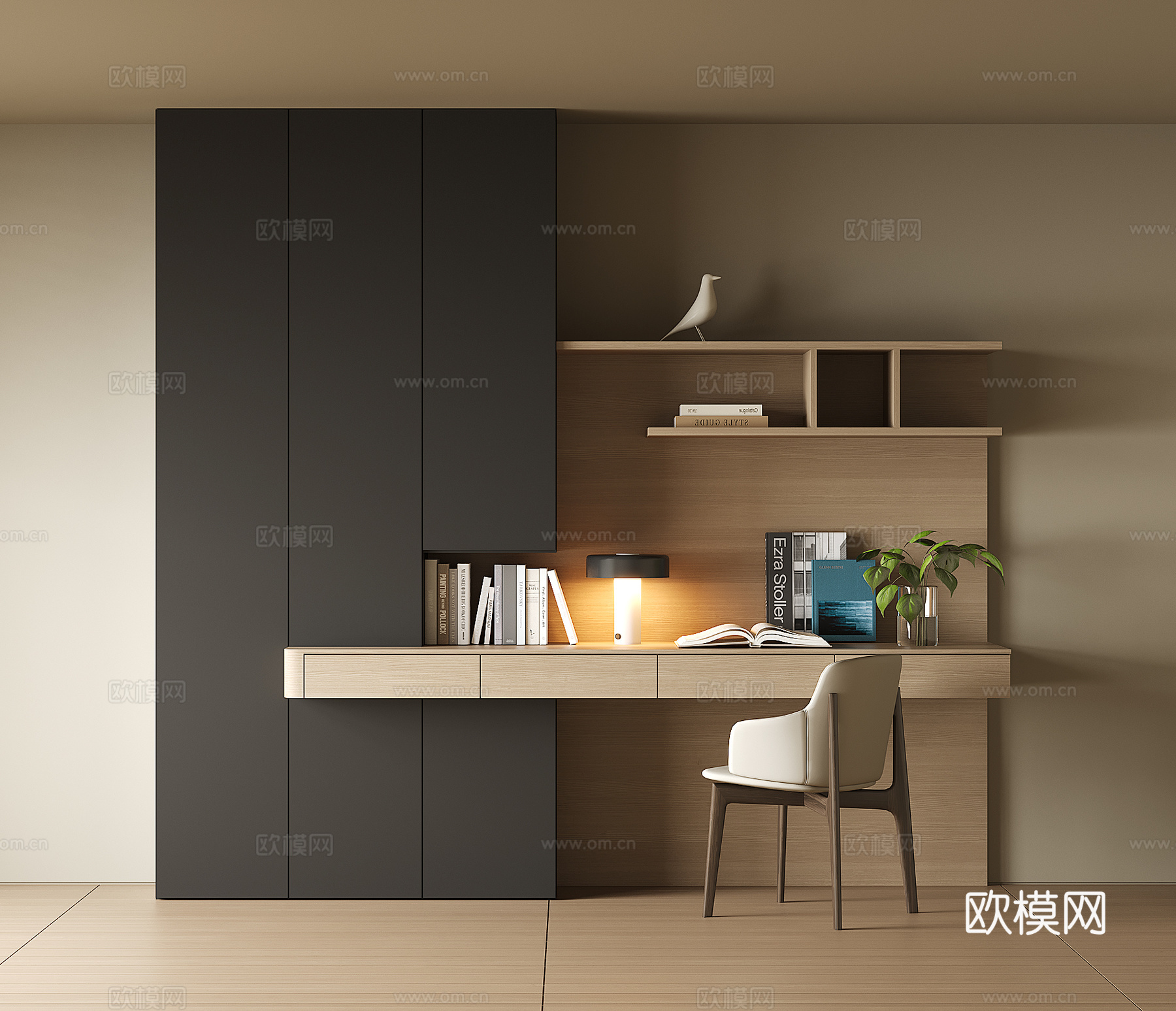 现代书桌一体柜su模型