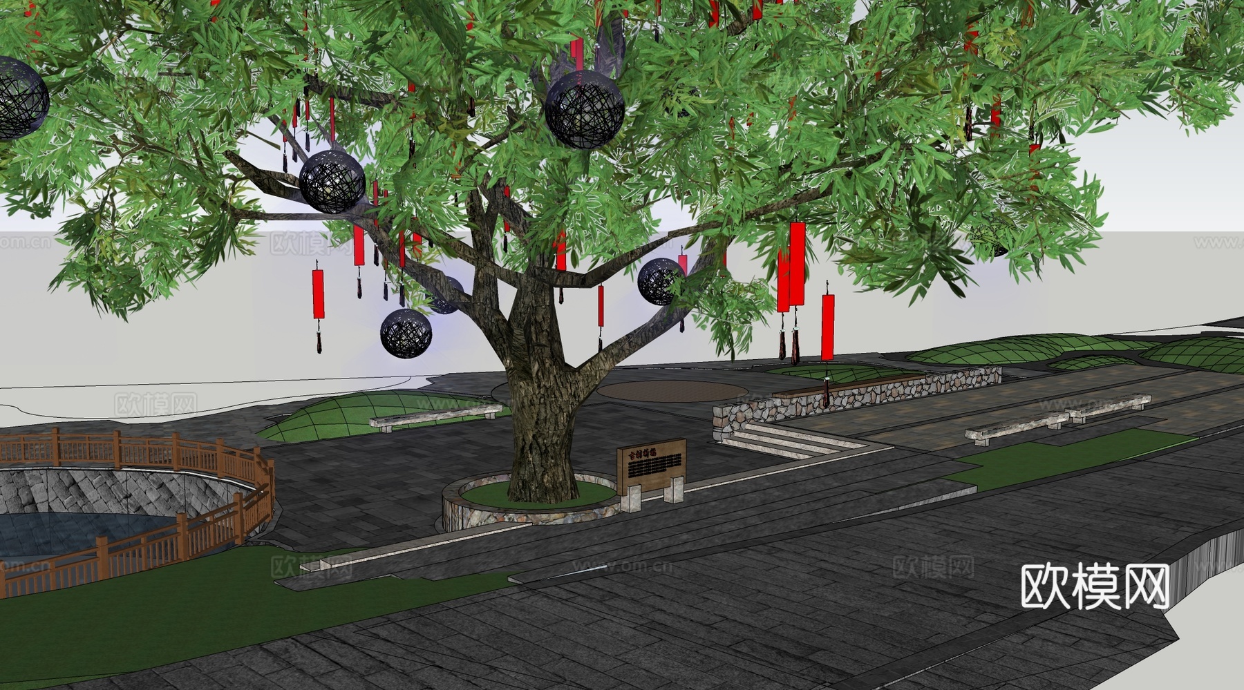 现代乡村许愿树广场景观 古树景观su模型