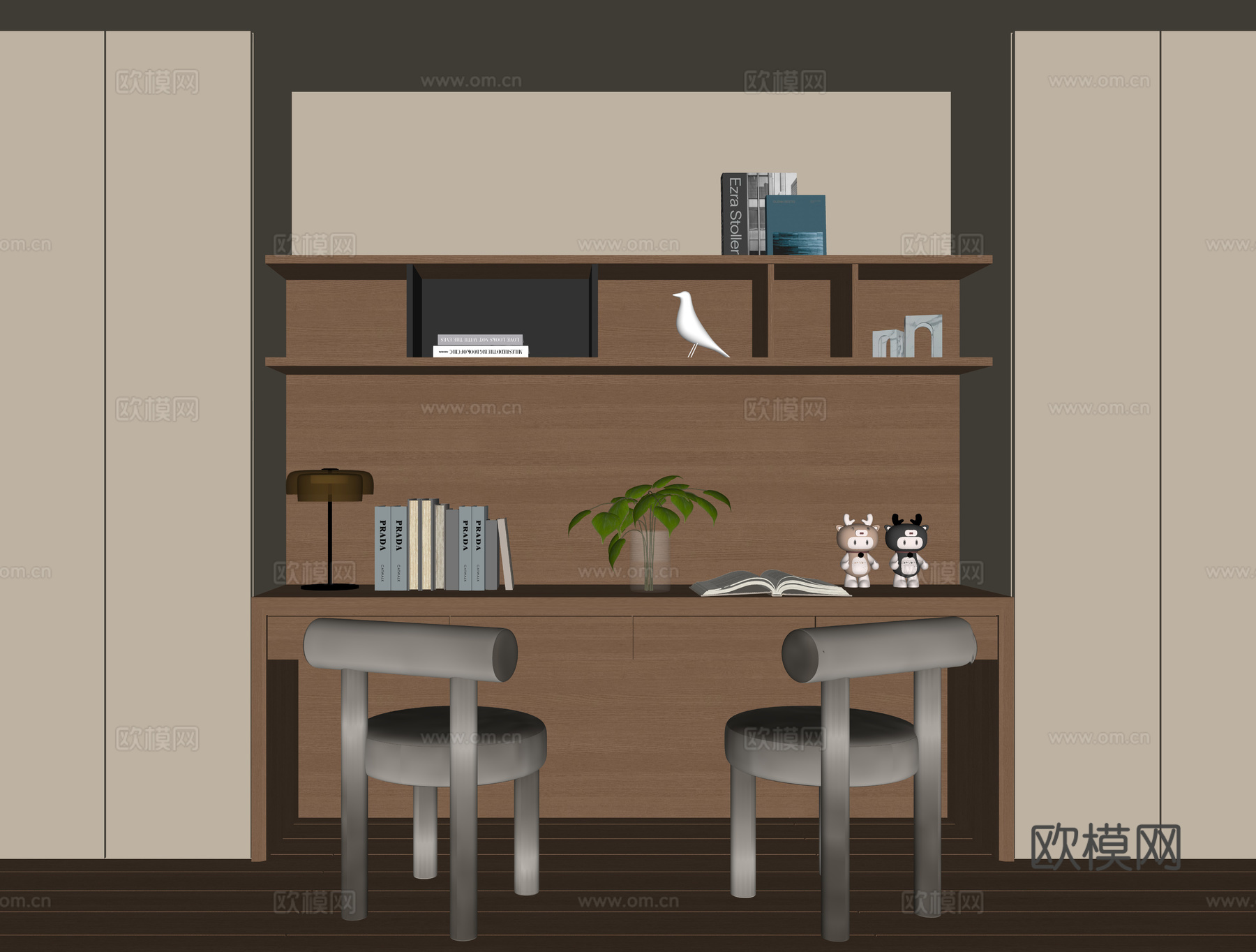 现代书桌一体柜su模型
