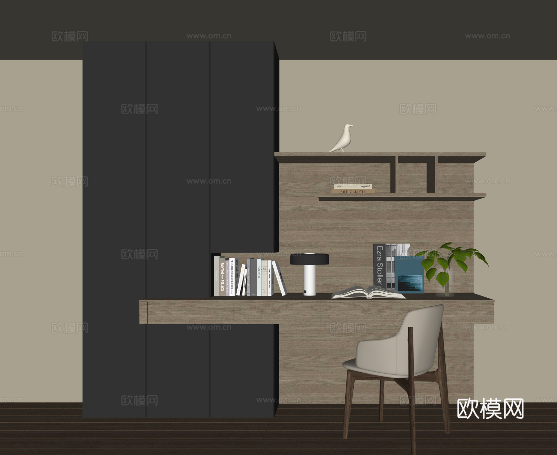 现代书桌一体柜su模型