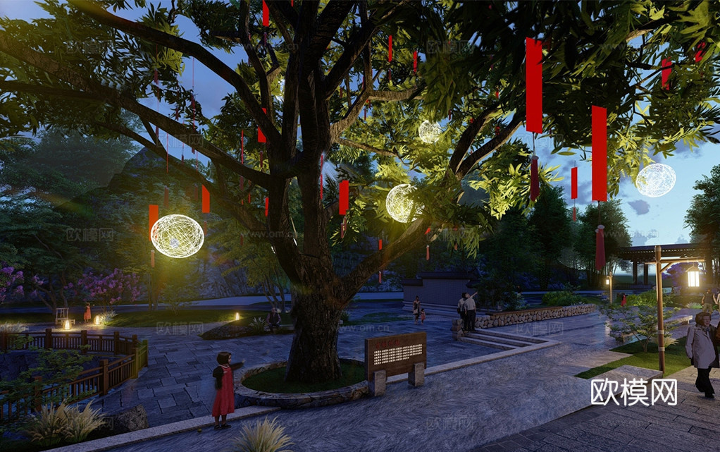 现代乡村许愿树广场景观 古树景观su模型