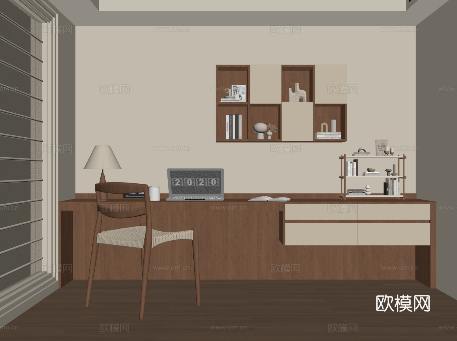 中古风书房 书桌椅 书架su模型