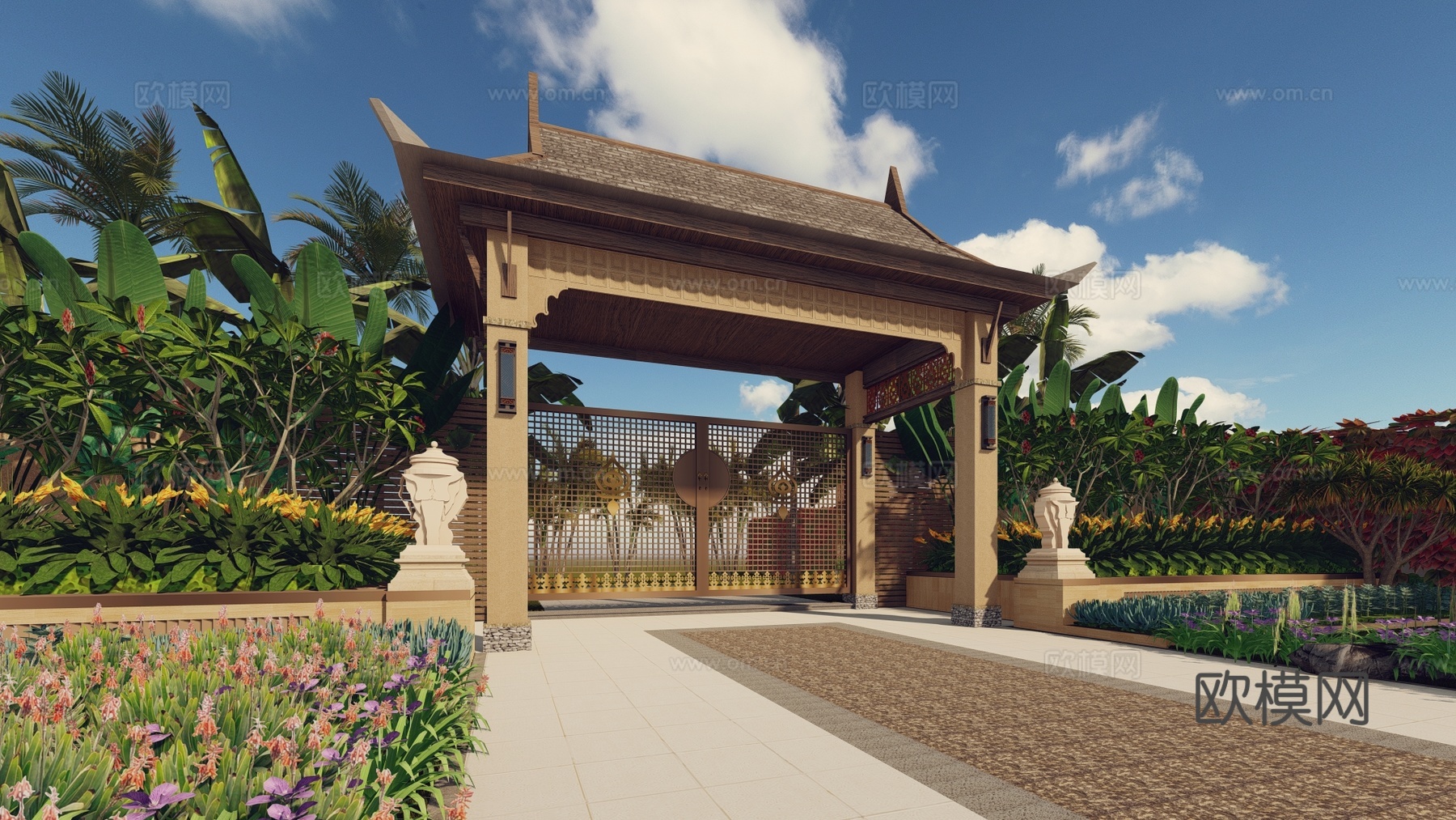 东南亚风格景观大门庭院入户门口别墅花园门精致入户院门庭院门su模型