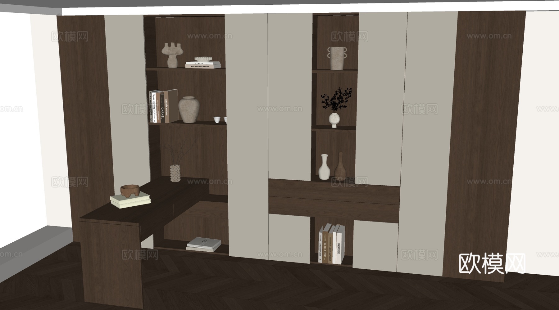 现代书房 定制书柜 储物柜 书桌书柜组合su模型