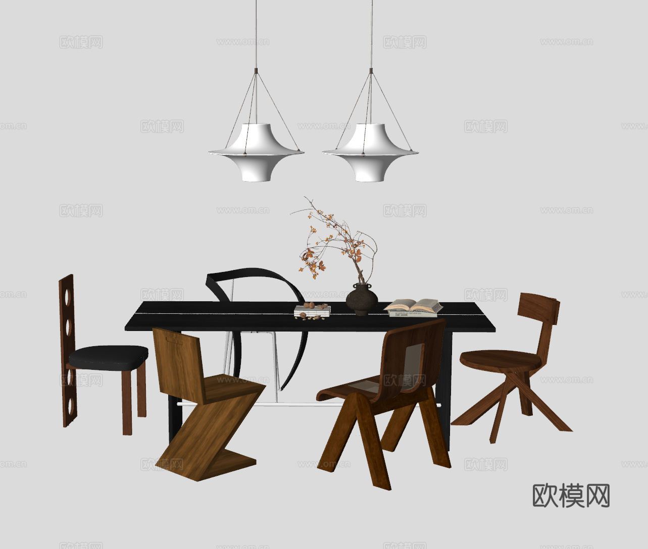 中古风餐桌休闲桌椅su模型