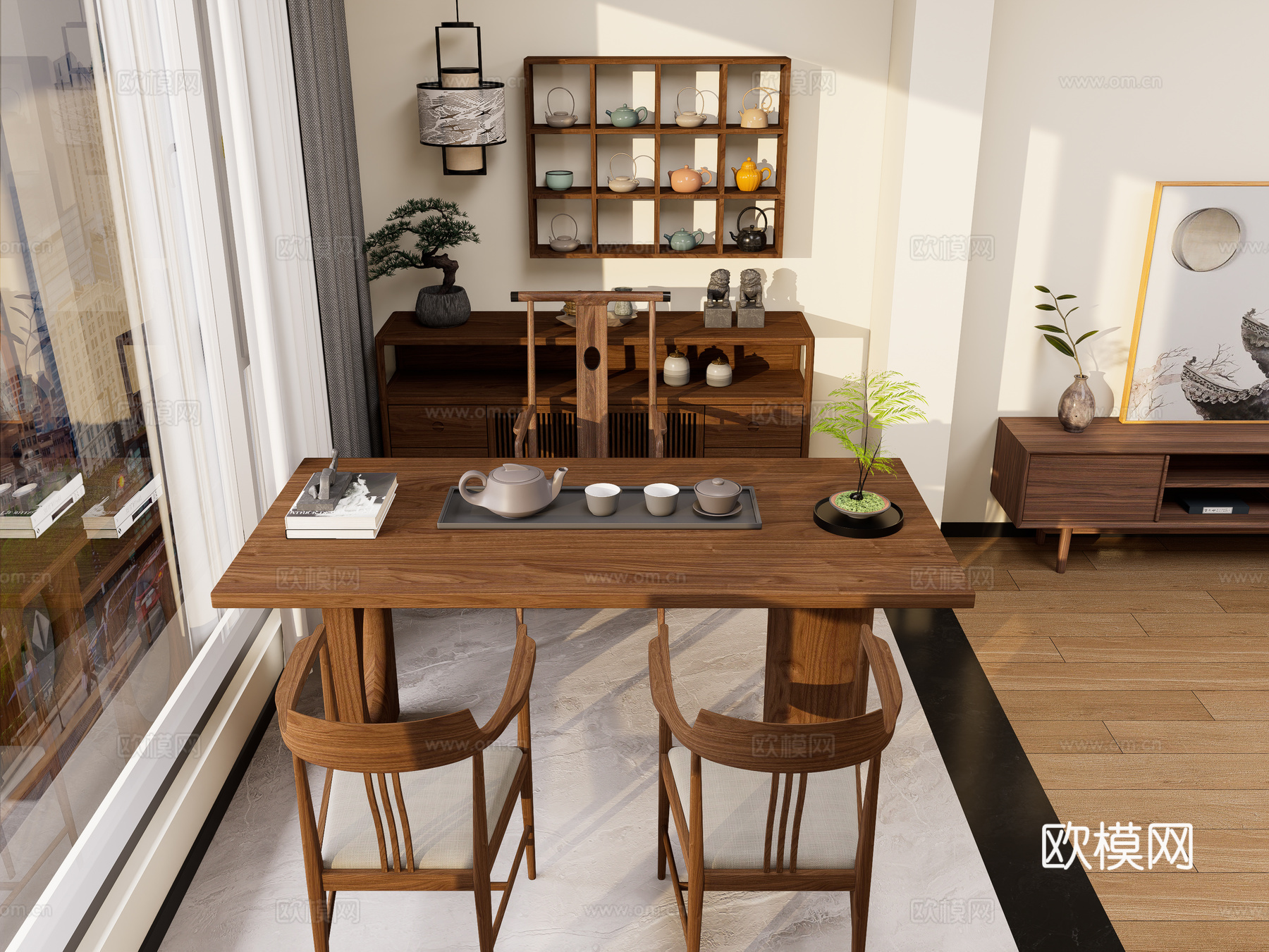 新中式茶桌椅组合 实木茶桌 阳台茶桌椅 装饰茶水柜su模型
