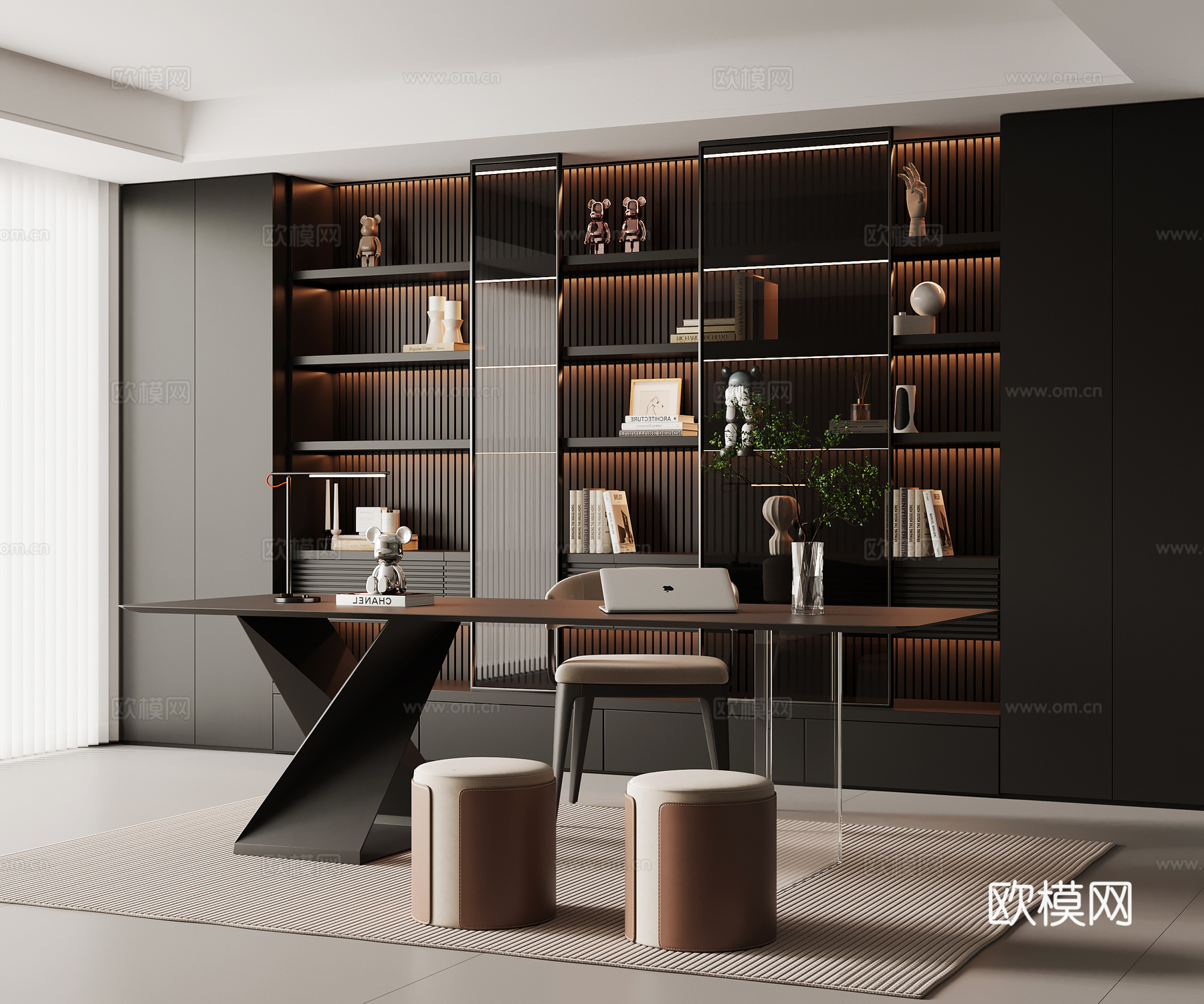现代意式书房 书桌椅 书柜su模型