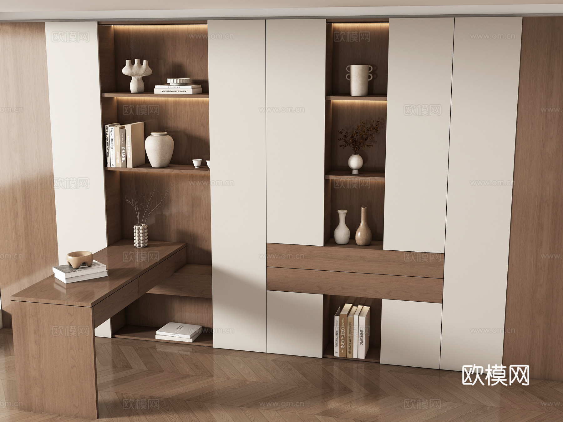 现代书房 定制书柜 储物柜 书桌书柜组合su模型