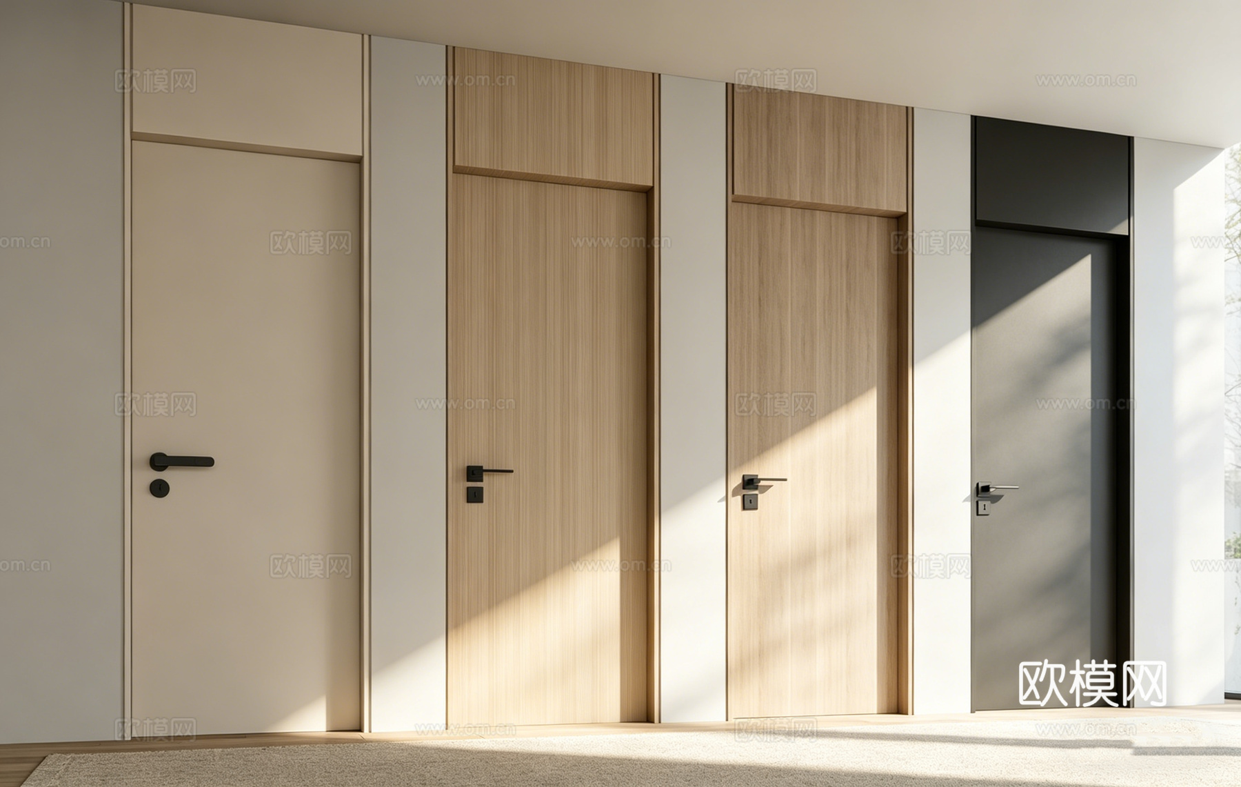 现代简约室内门 米白平板 原木 深灰色 多拉手 隐形门 隔断su模型