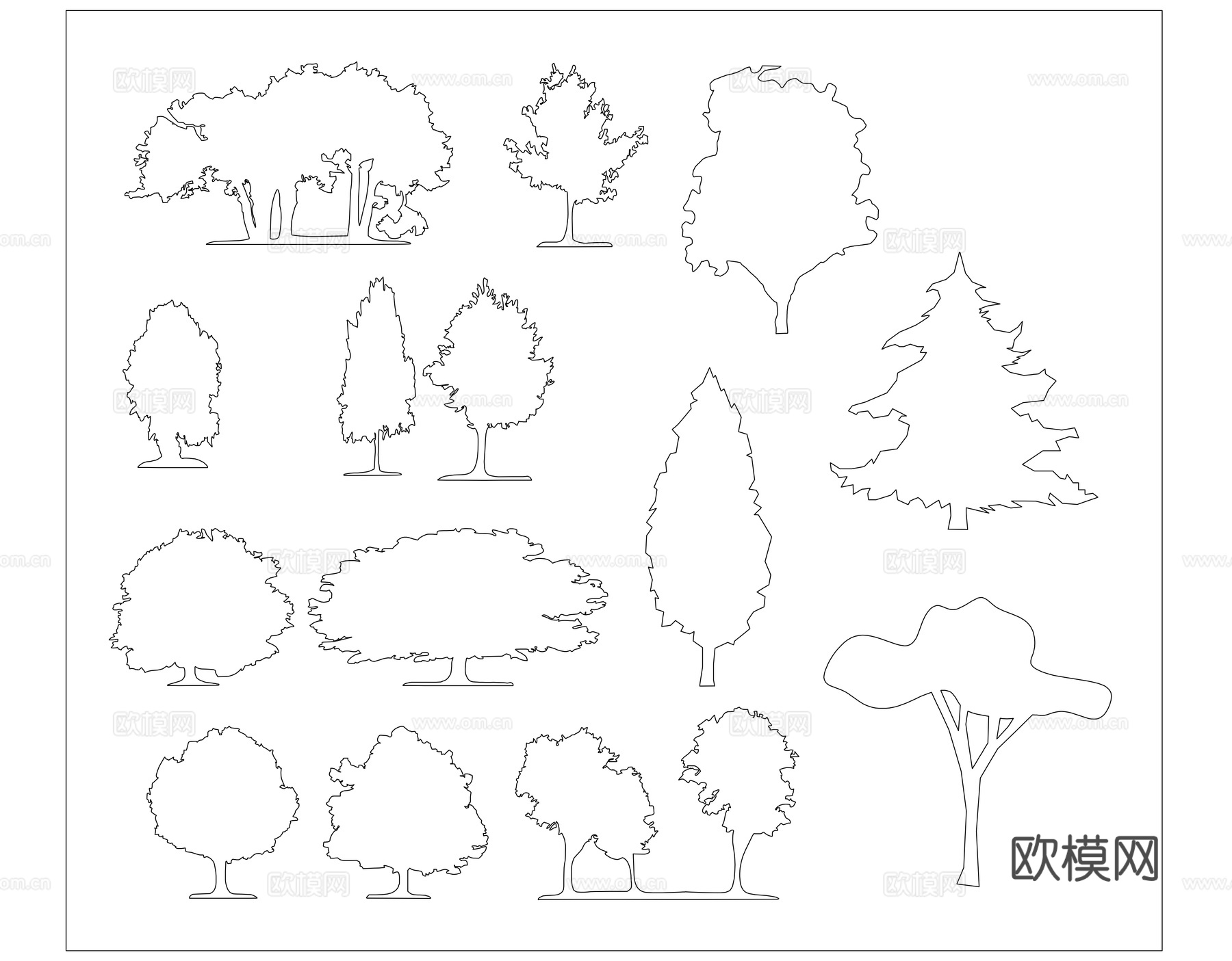 树形剪影 林木轮廓 树影侧影 乔木剪影 林树轮廓cad施工图