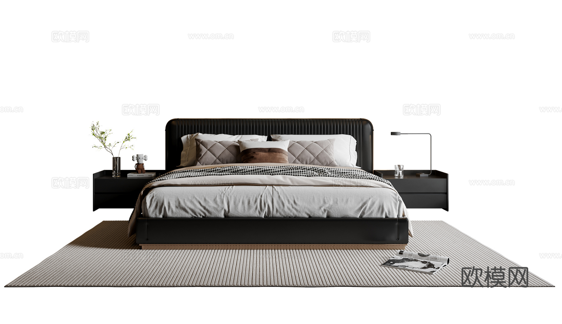 现代意式双人床 皮质双人床 床头柜 地毯su模型
