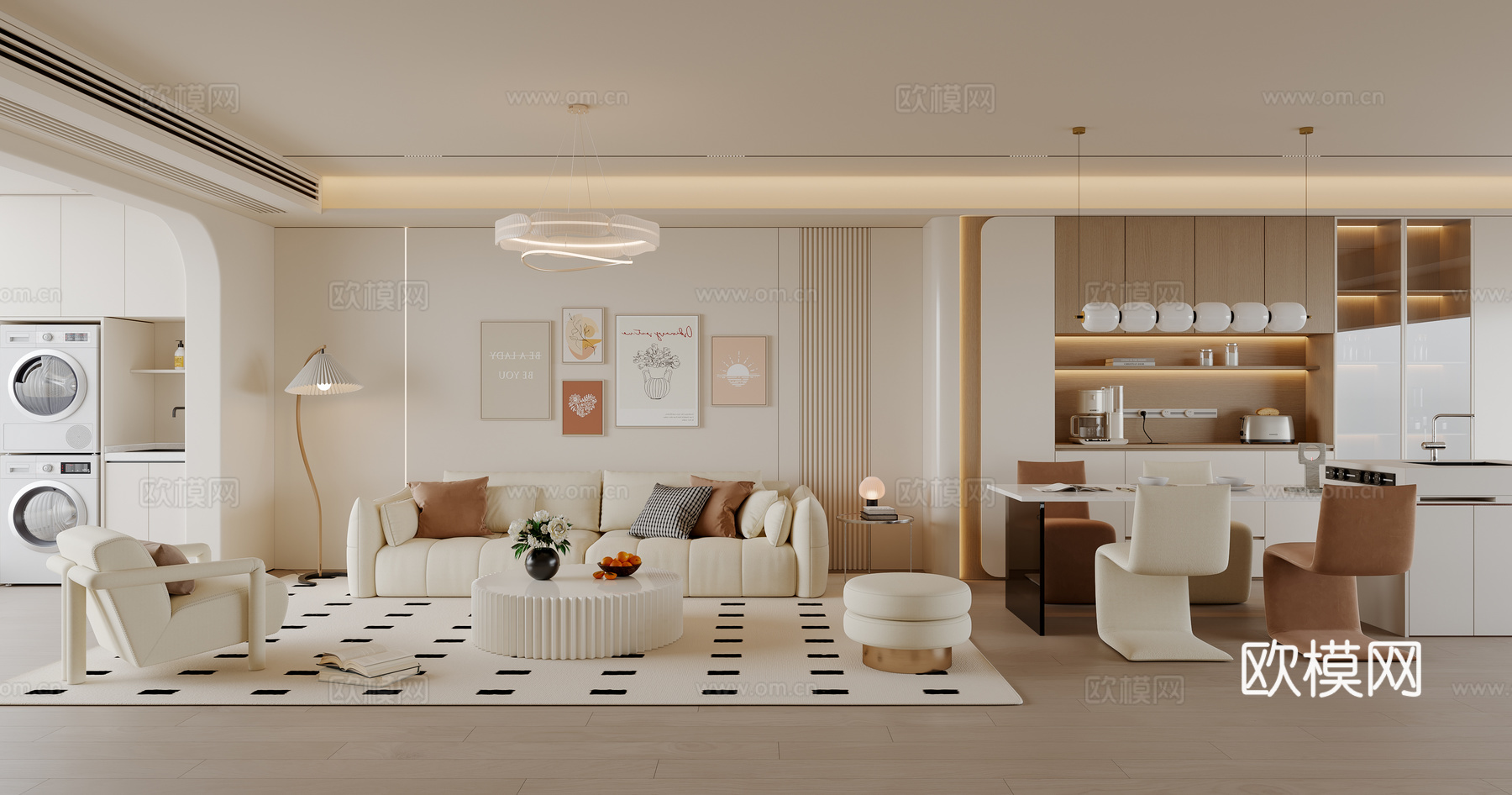 奶油风客餐厅 沙发茶几 餐桌椅 酒柜 吊灯 挂画 地毯su模型