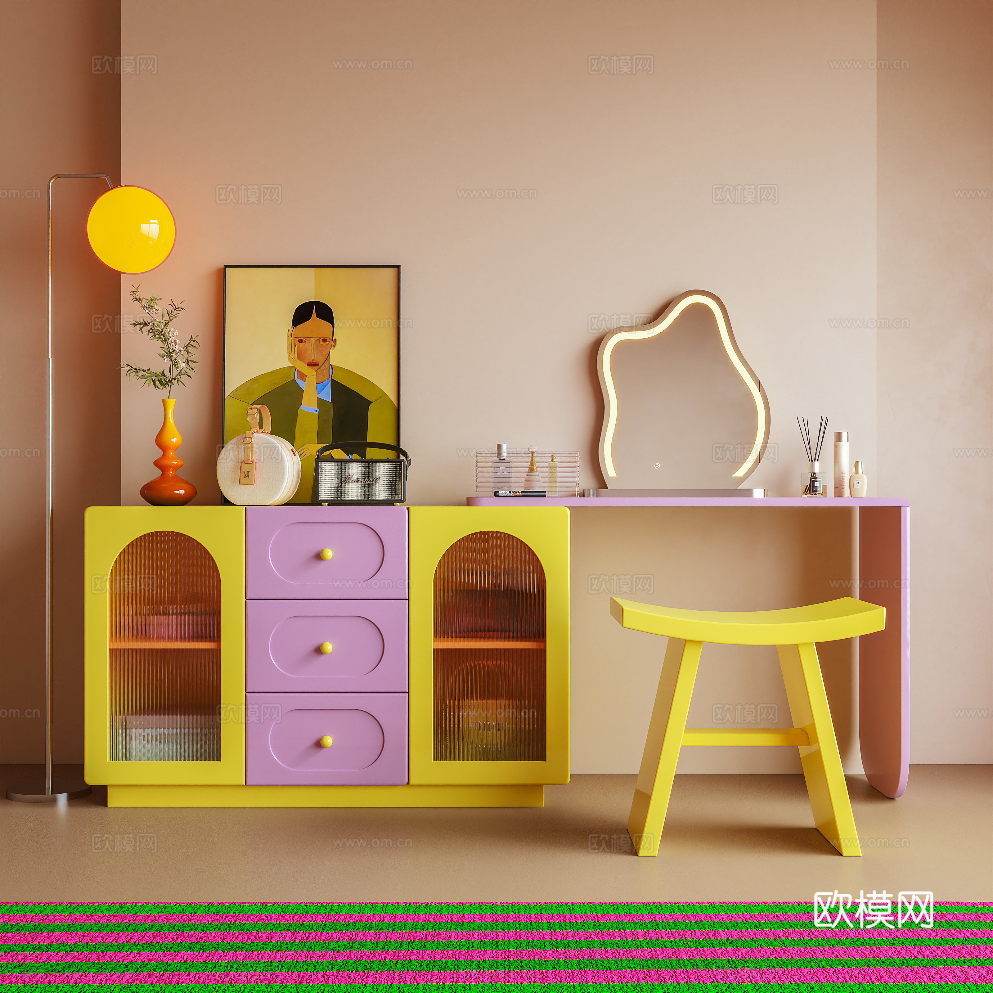 梳妆台 化妆柜 书桌 储物柜 多巴胺 摆件 装饰画 化3d模型
