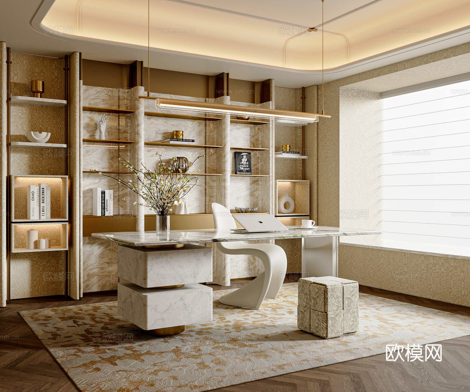 现代轻奢书房 书桌椅组合 轻奢书柜 吊灯 沙发凳3d模型