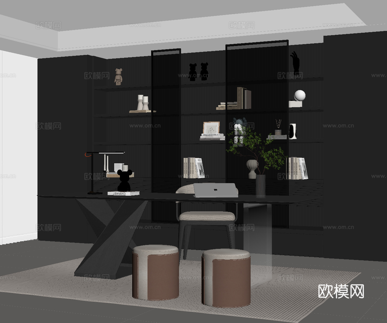 现代意式书房 书桌椅 书柜su模型