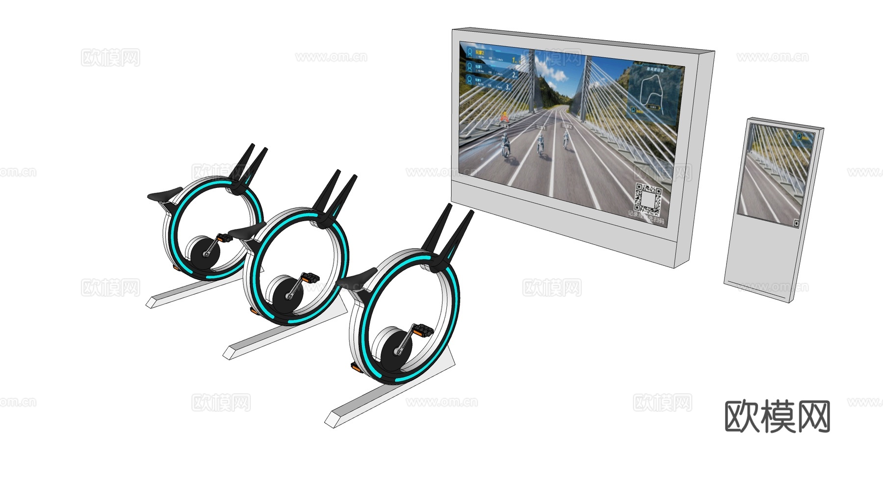 现代健身器材 实时屏幕动感单车 互动屏幕 互动游戏su模型