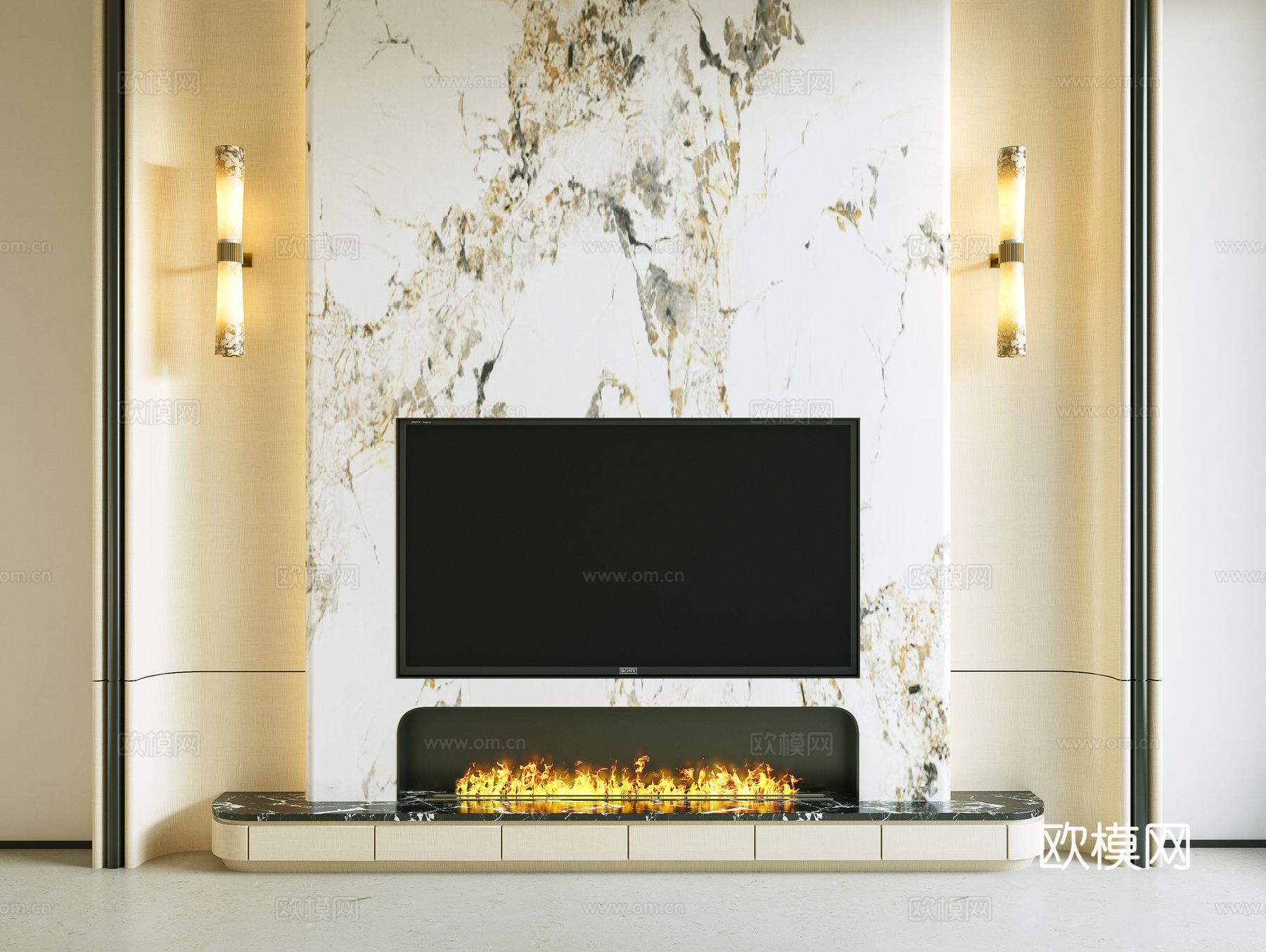 轻奢电视背景墙 石材背景墙 壁炉电视背景墙 壁炉 意式背景墙su模型