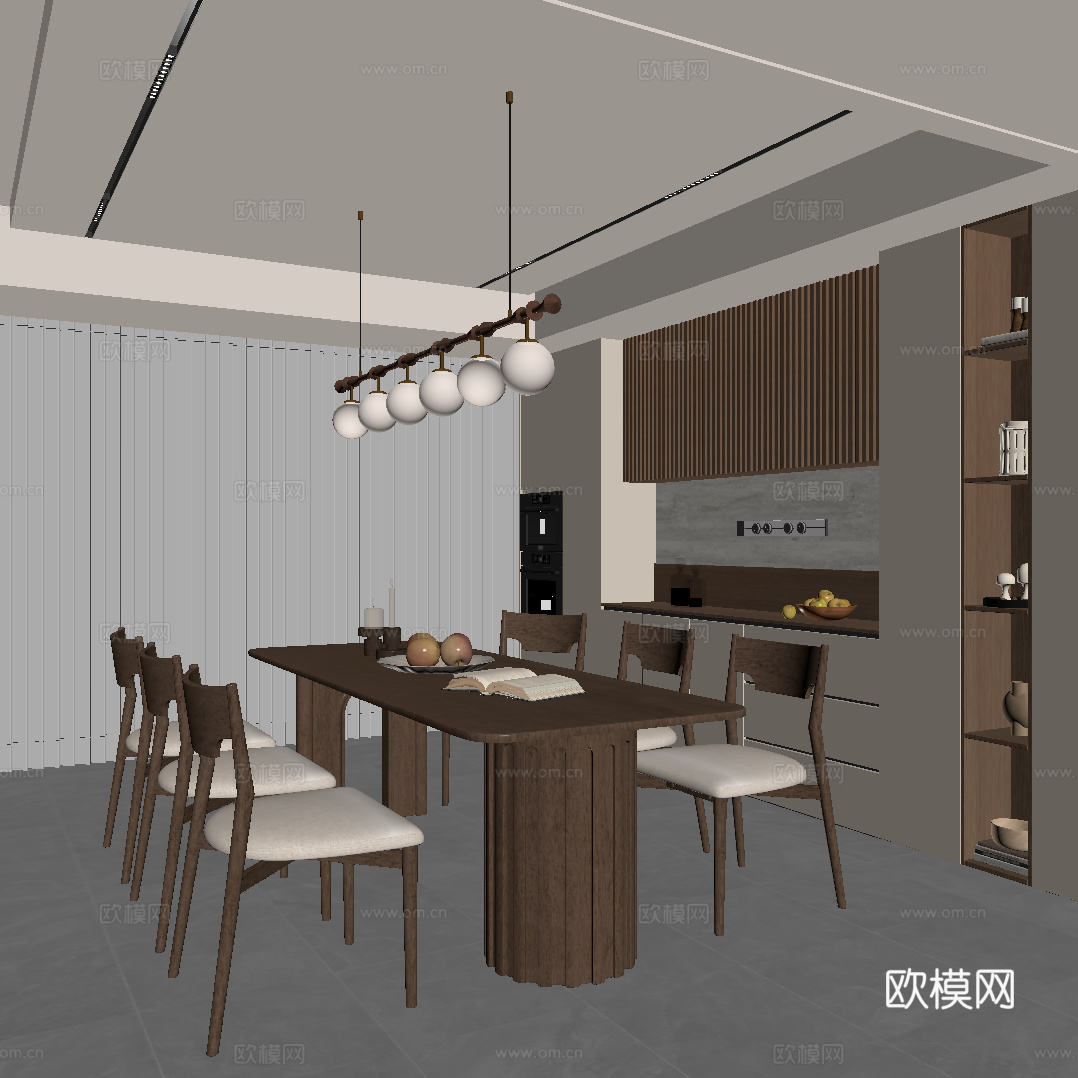 现代中古餐厅 餐桌椅 餐边柜su模型