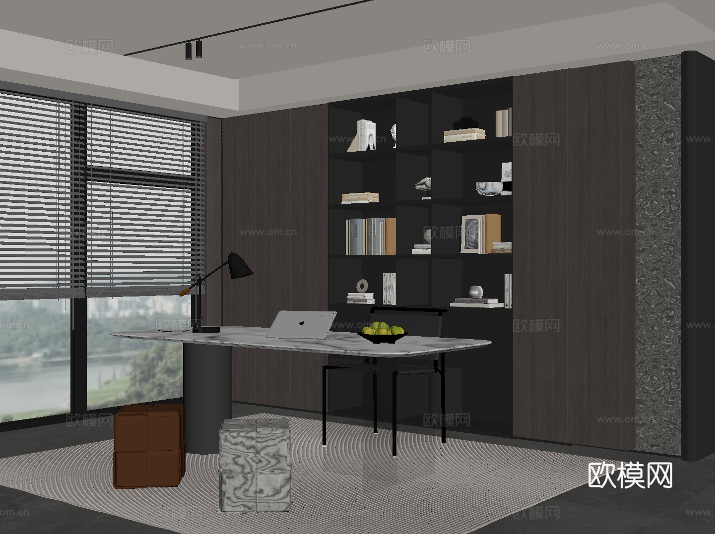 现代意式书房 书桌椅 书柜su模型