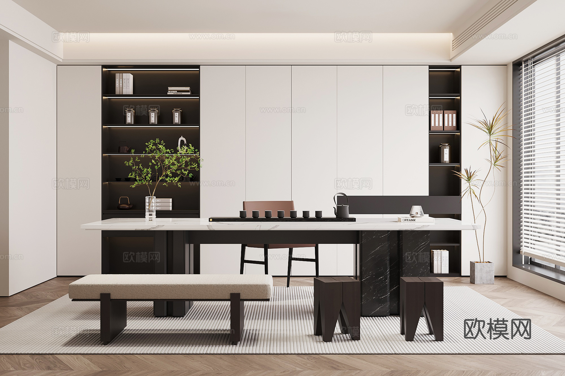 现代茶室 茶桌椅 茶柜su模型