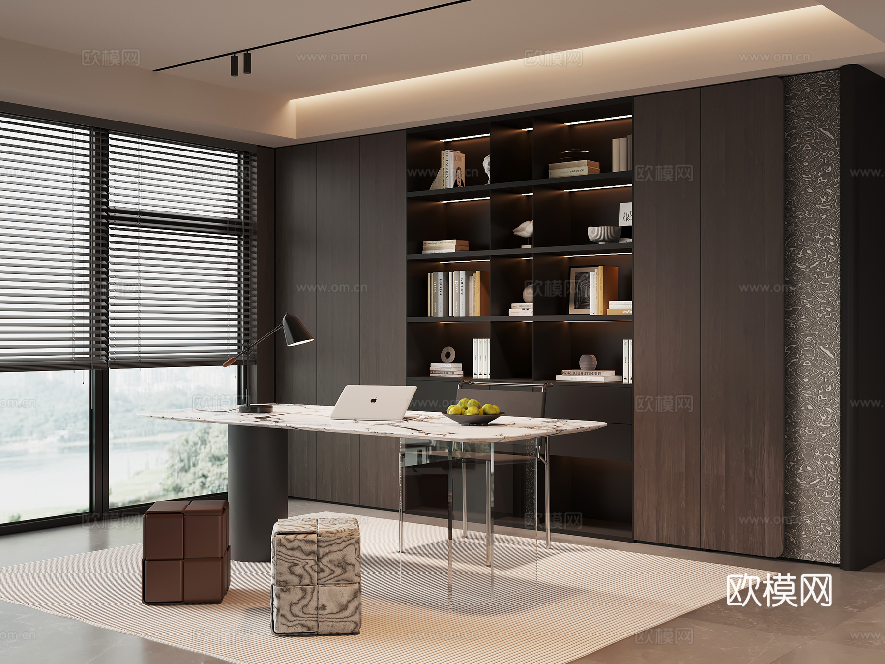 现代意式书房 书桌椅 书柜su模型
