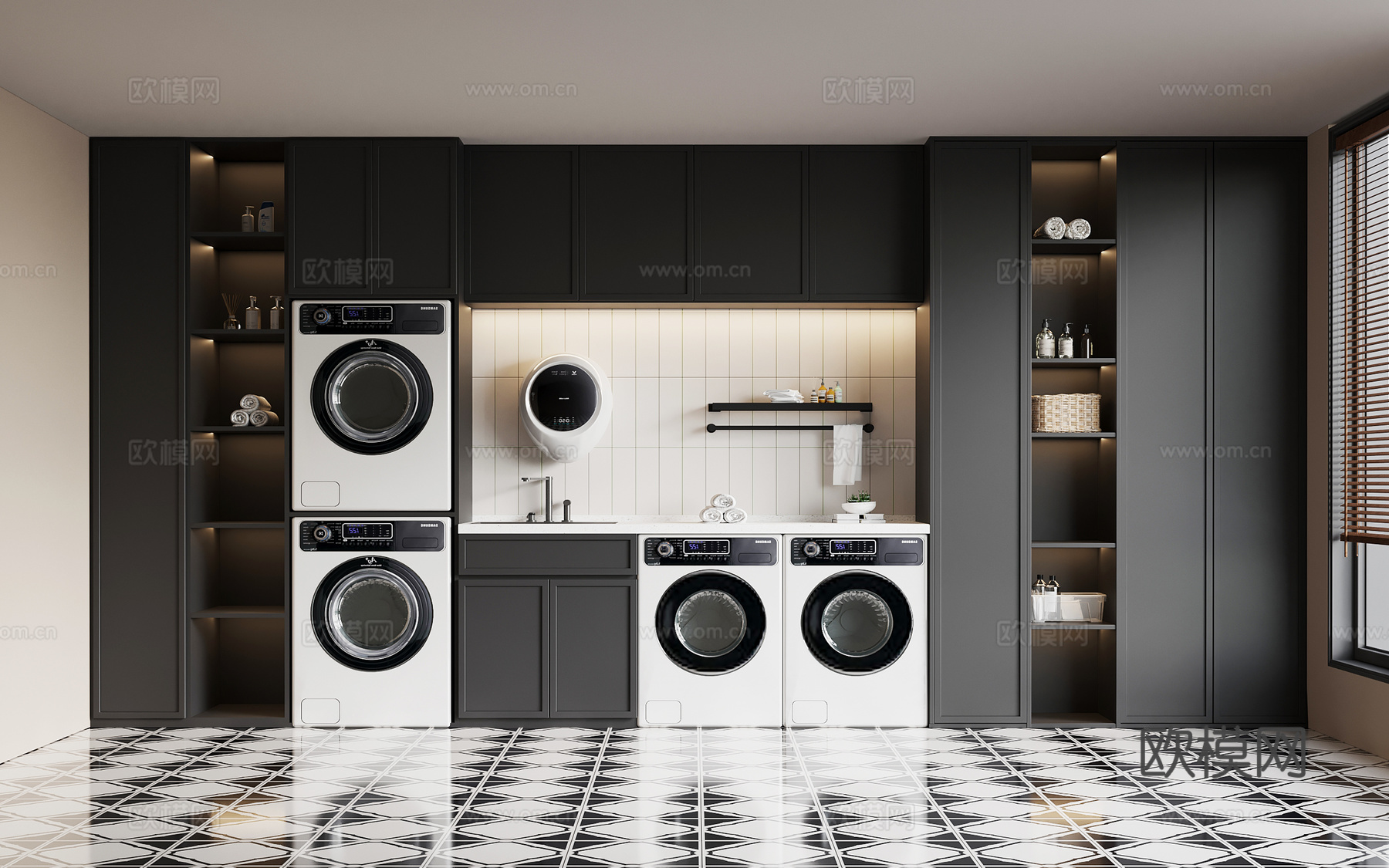 法式洗衣房 洗衣机柜su模型