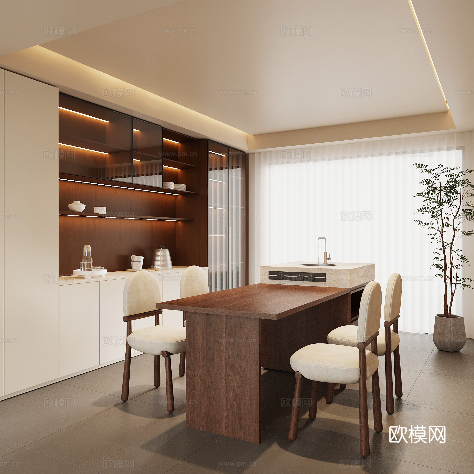 现代中古餐厅 餐桌椅 餐边柜 中古风岛台su模型