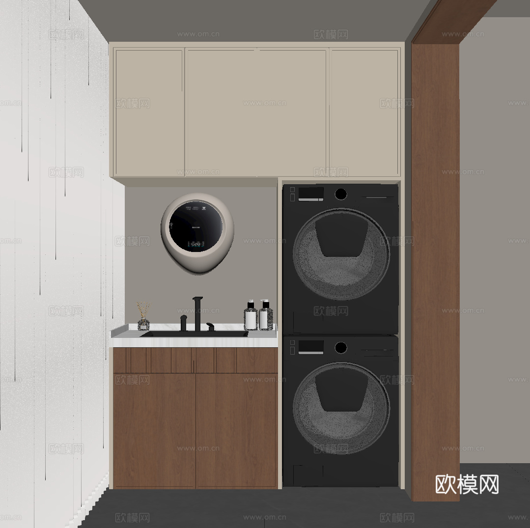 中古风家居阳台 洗衣机柜 阳台柜su模型