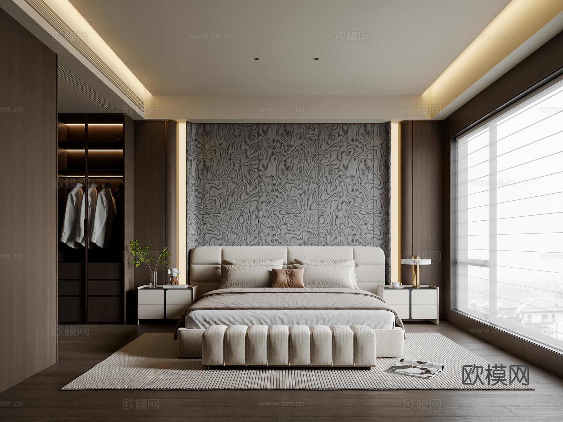 意式轻奢卧室 布艺双人床 床头柜 地毯su模型