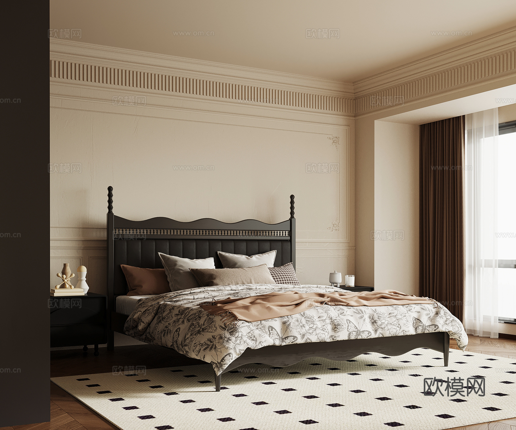 法式复古风卧室 双人床 床头柜 衣柜su模型