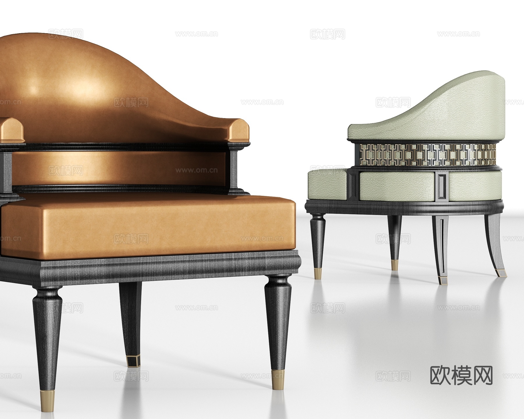 新中式实木皮革单椅组合3d模型