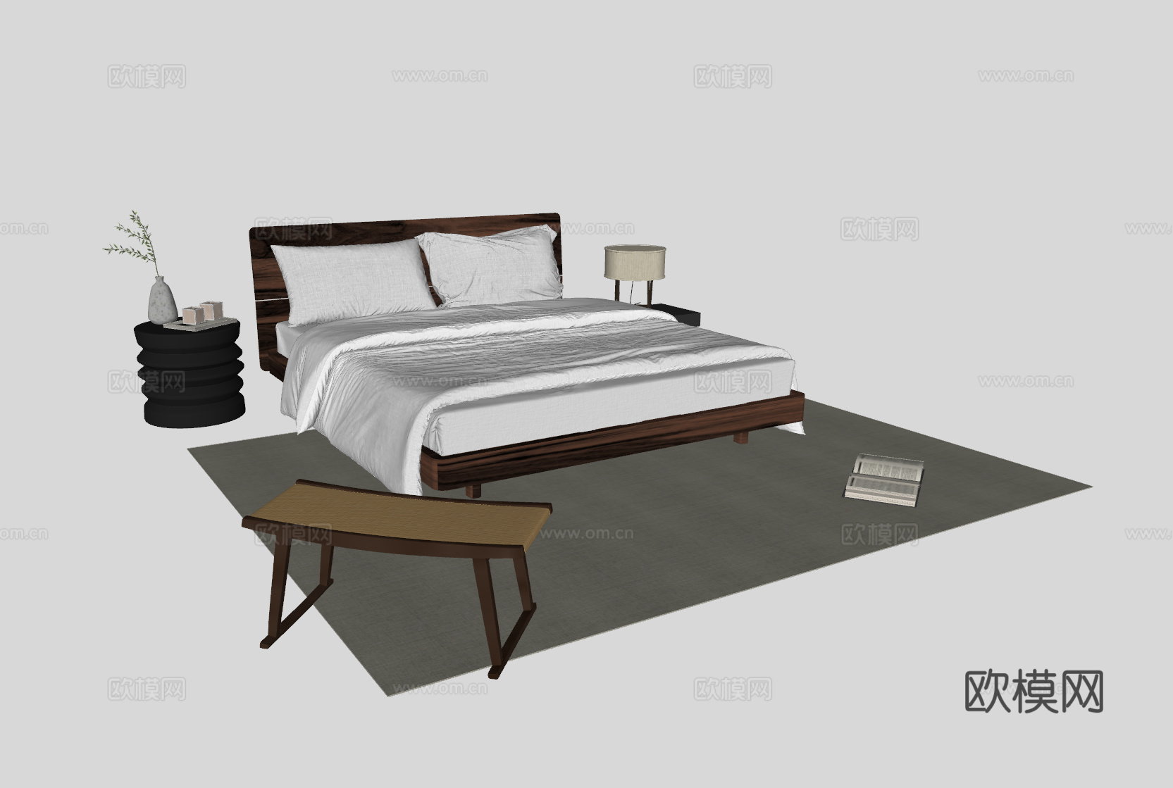 中古风双人床免费su模型