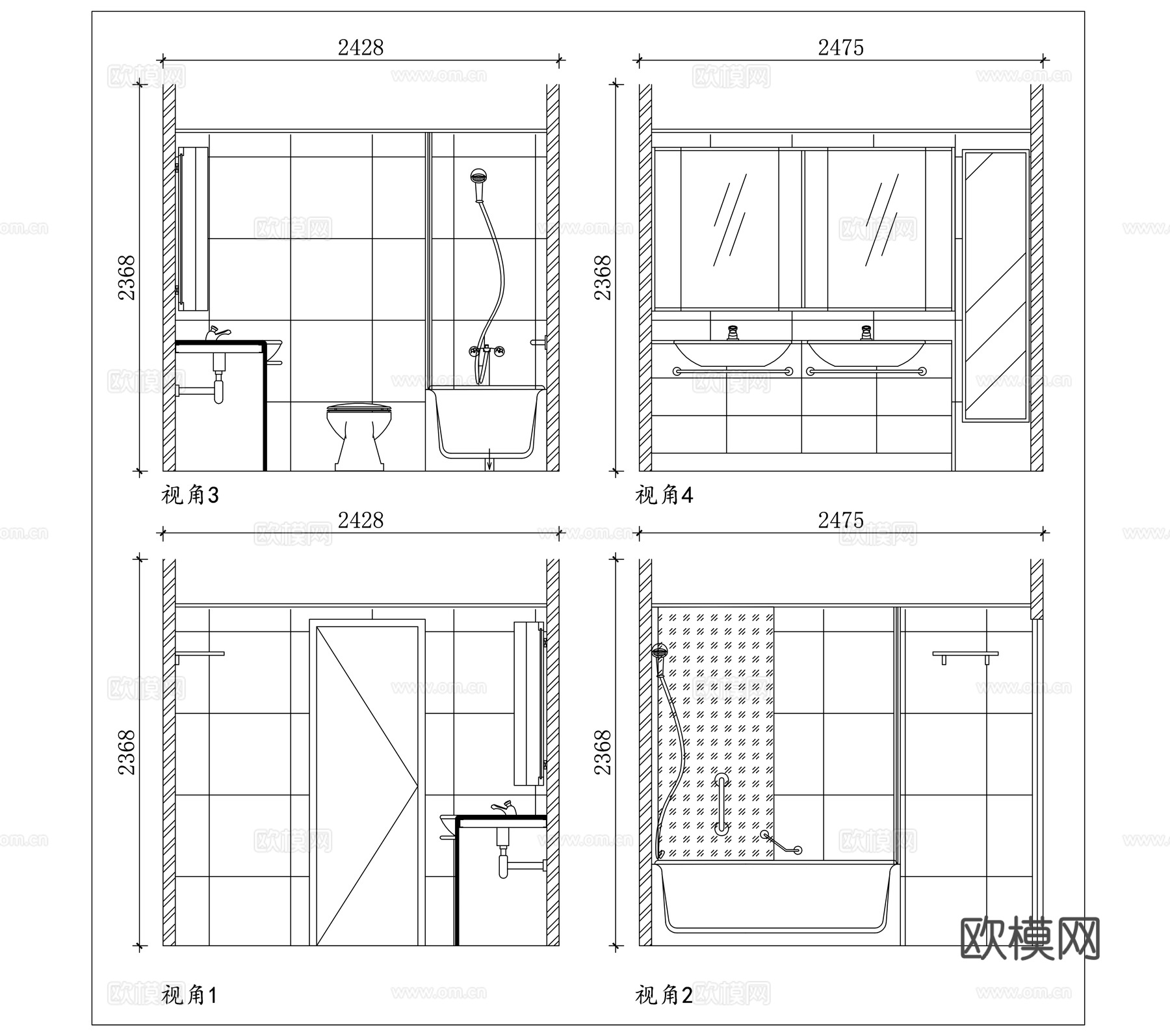 卫浴剖面图 浴室剖视 浴间剖图 卫浴剖视 浴室剖面cad施工图