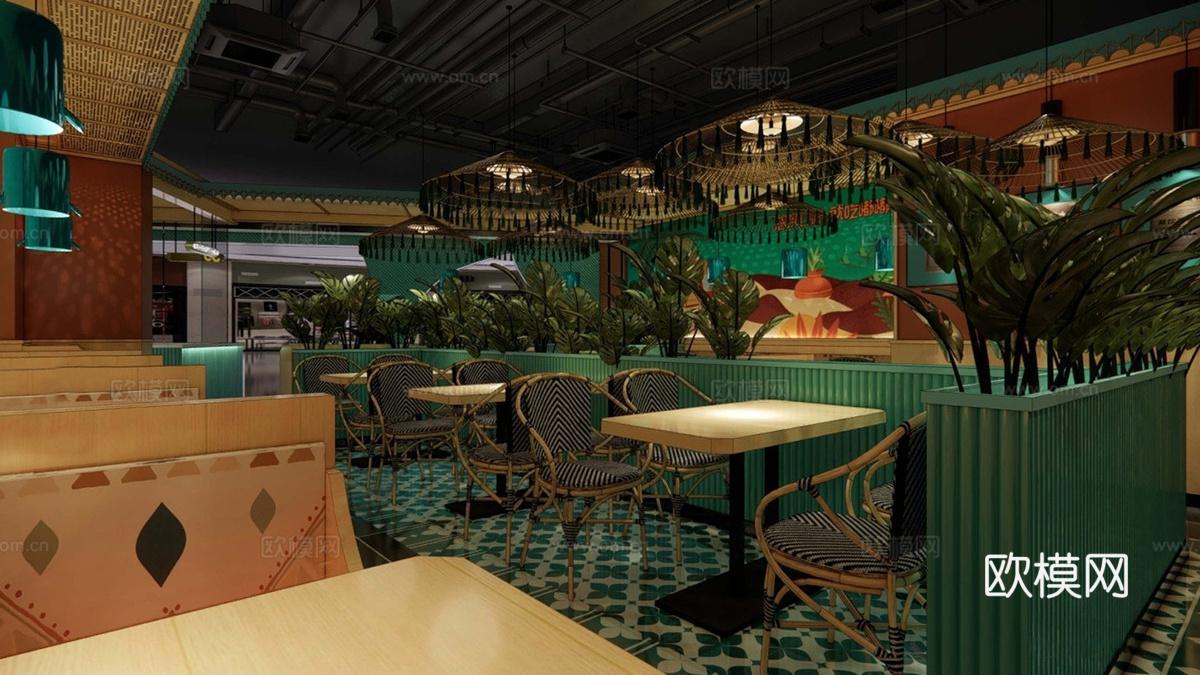 东南亚风格餐厅 餐桌椅 吊灯su模型