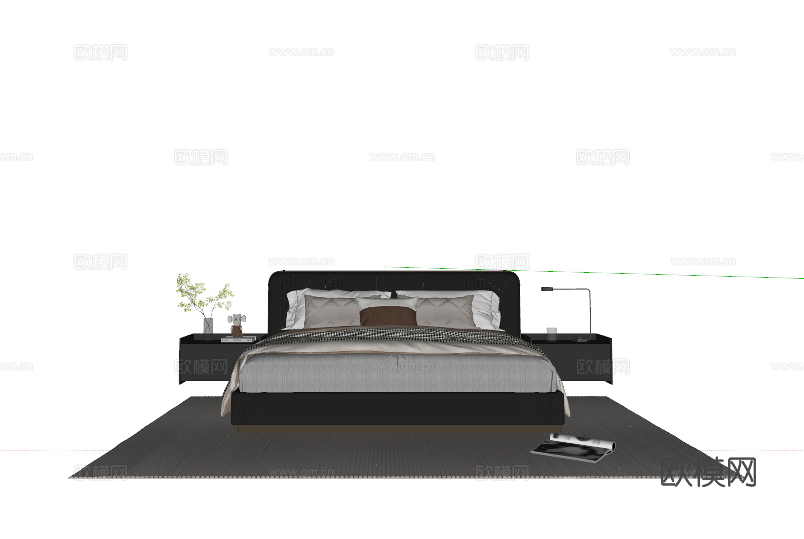 现代意式双人床 皮质双人床 床头柜 地毯su模型
