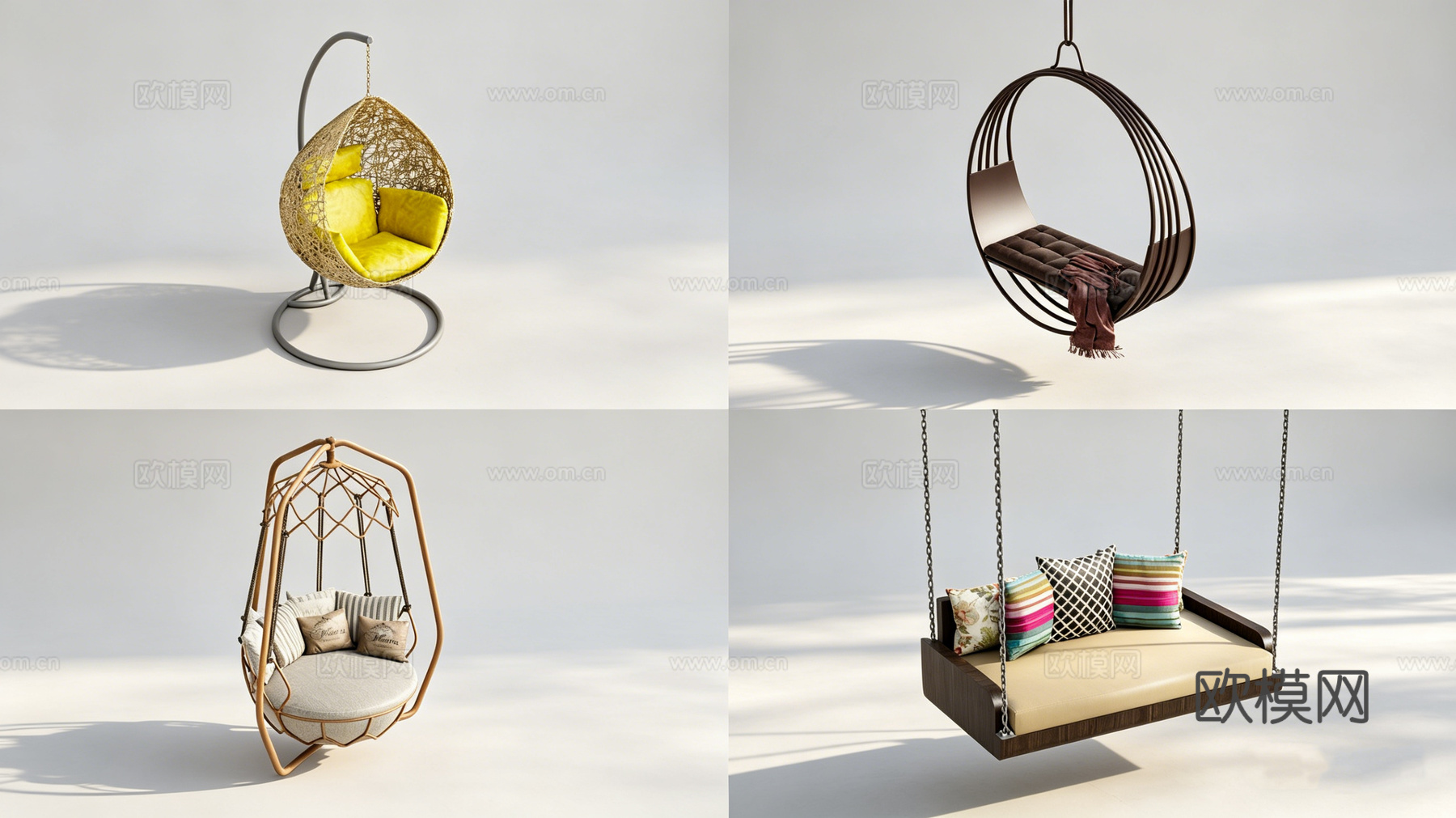 创意悬挂吊椅秋千 藤编蛋形 金属圆框 几何框架 木质平板 创su模型