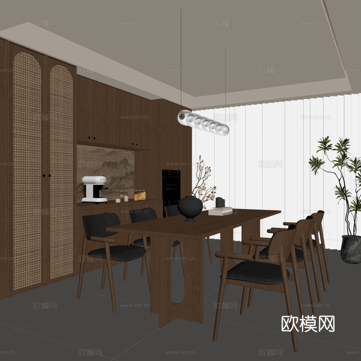 新中式餐厅 餐桌椅 餐边柜su模型