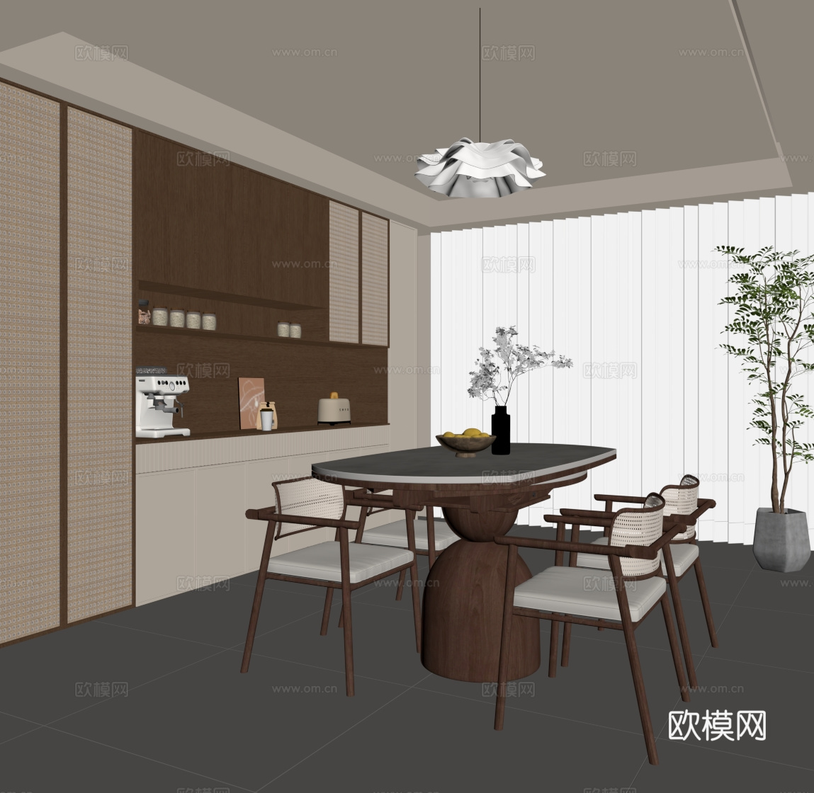 新中式餐厅 餐桌椅 餐边柜su模型