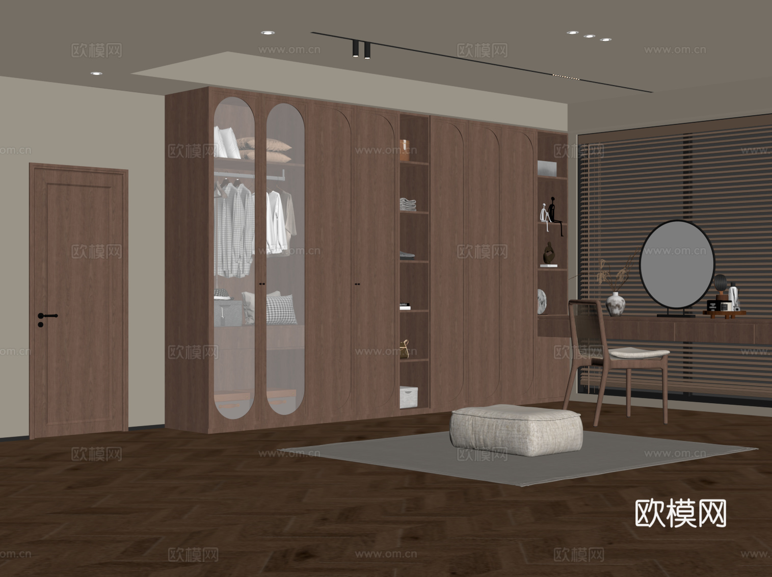 现代中古风衣帽间 衣柜 梳妆台su模型
