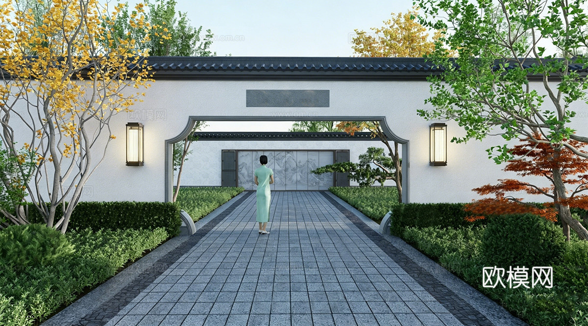 新中式月洞门景墙 庭院景观su模型