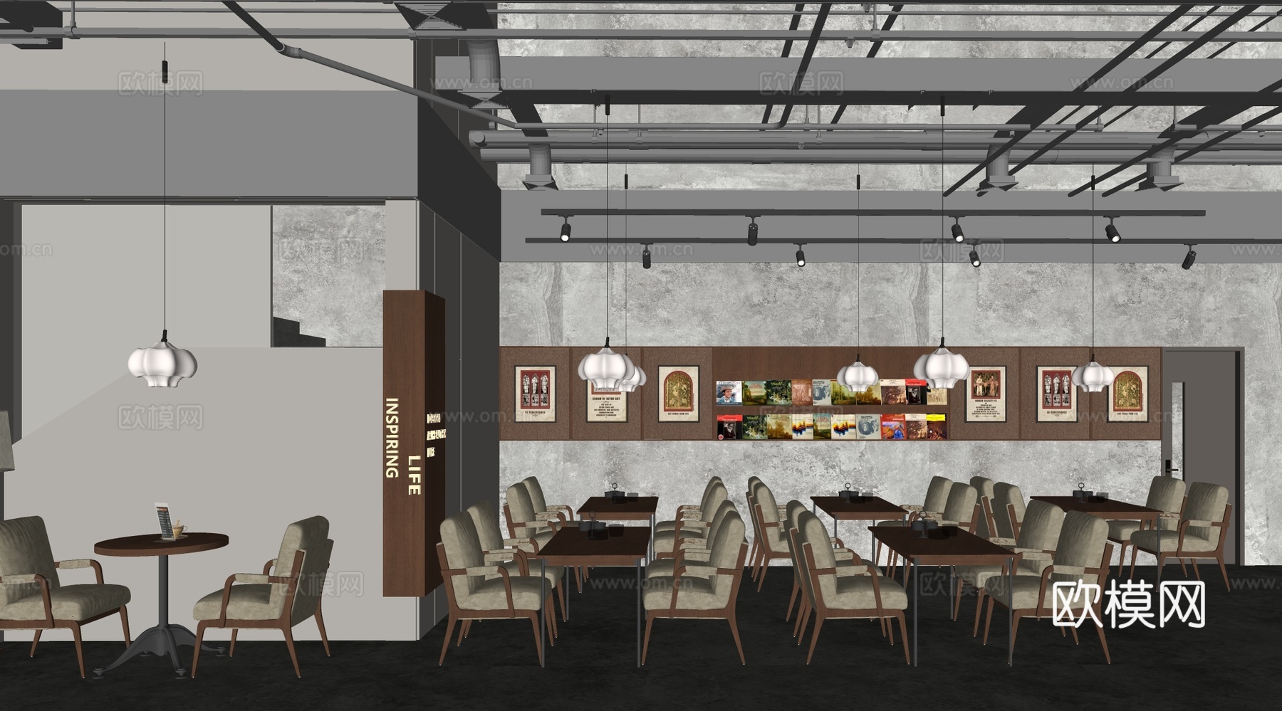 工业复古风咖啡厅 奶茶店 咖啡桌椅组合su模型