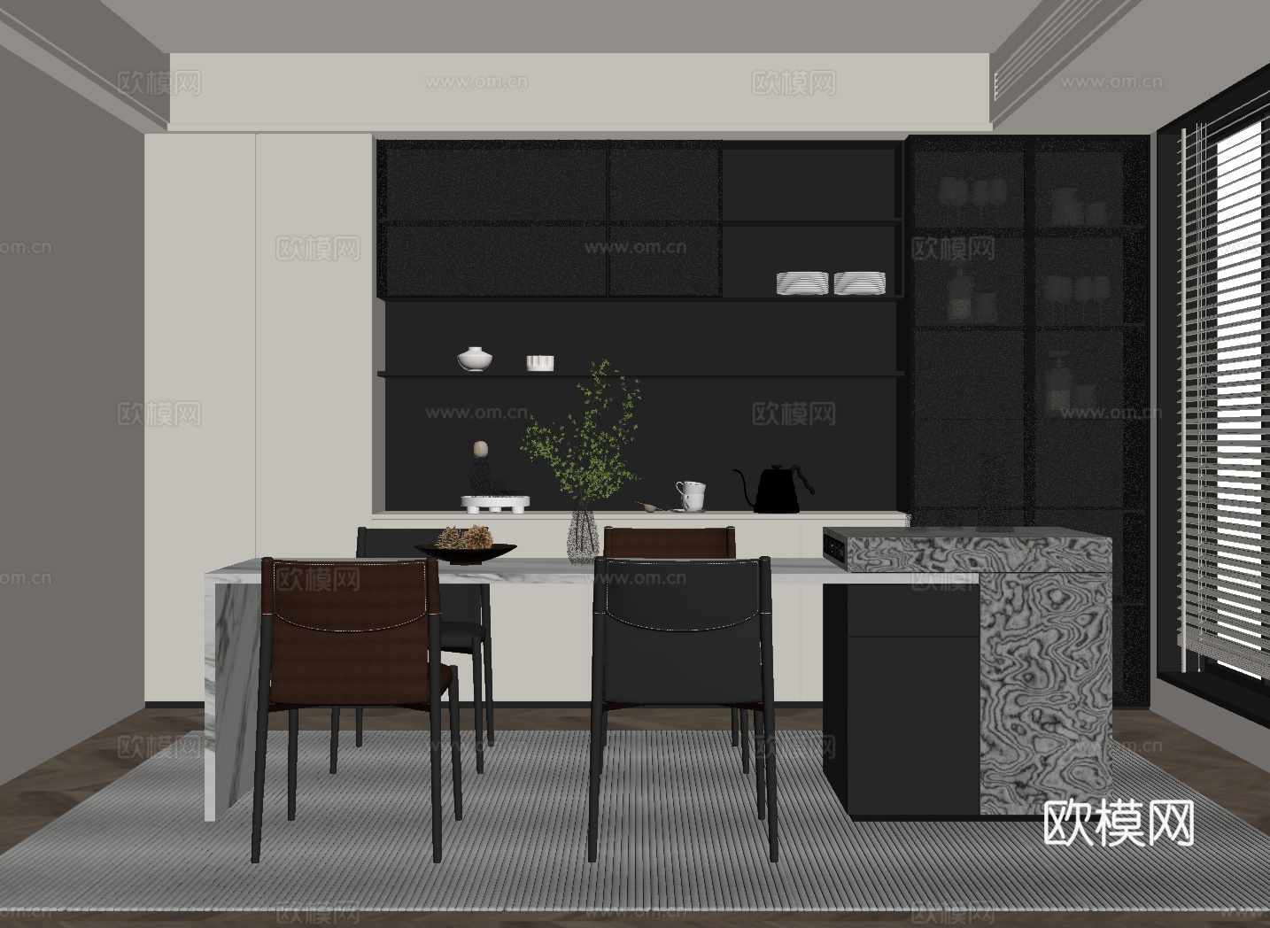 现代餐厅 餐桌椅 酒柜su模型